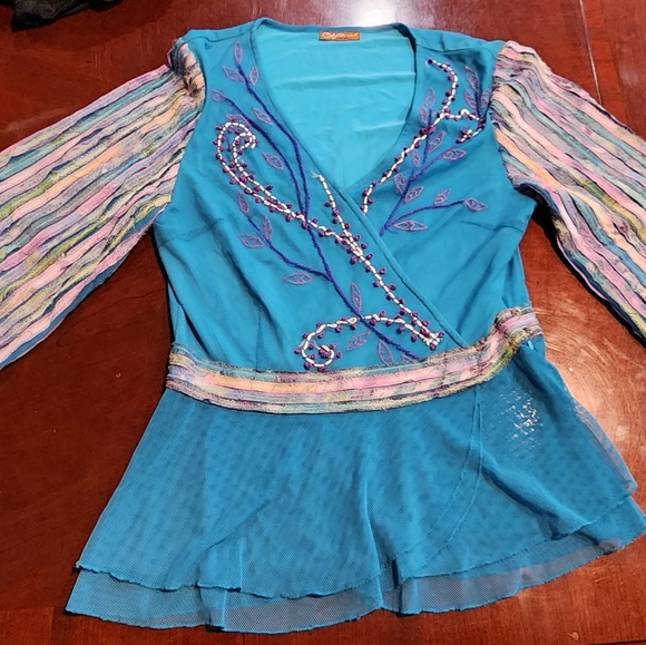 Unique Obstinee by IKA Embroidered Turquoise Top, no size tag, fits like a small - Picture 1 of 12